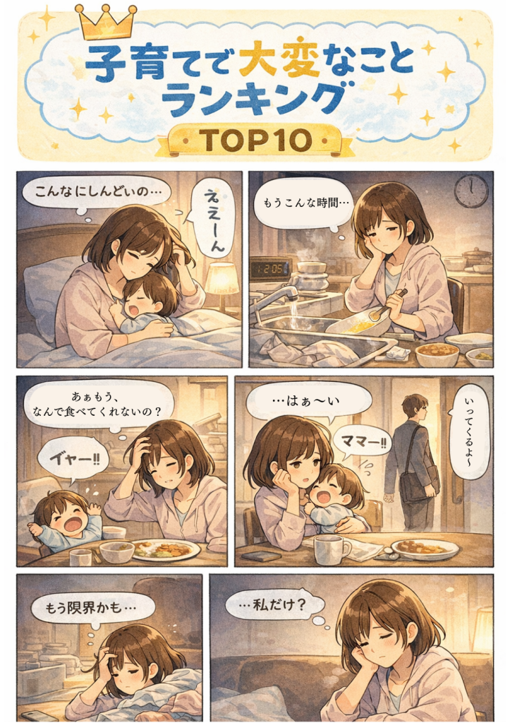 子育てに追われて疲れ切った母親の朝の様子を描いた5〜6コマ漫画。子どもに呼ばれ続け、家事と育児に追われ、最後は静かな部屋でため息をつき「しんどいのは私だけ？」と感じるストーリー。