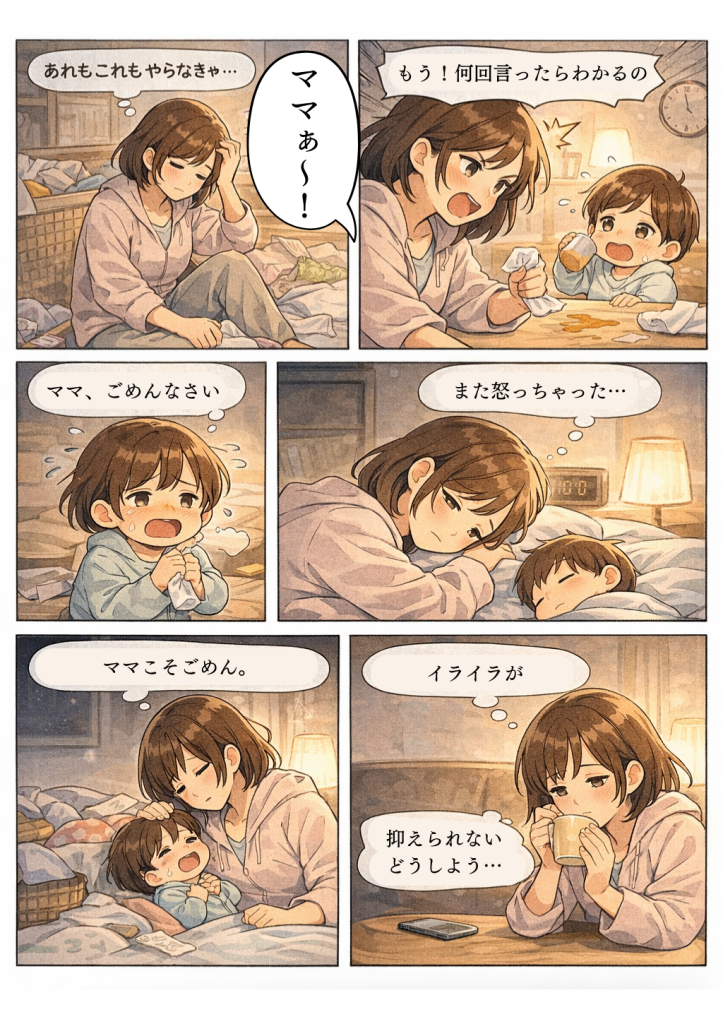 夜、子どもを怒ってしまったことを後悔する母親が、寝顔を見て涙ぐみ、最後に子どもの「だいすき」の言葉に救われる様子を描いた6コマ漫画。