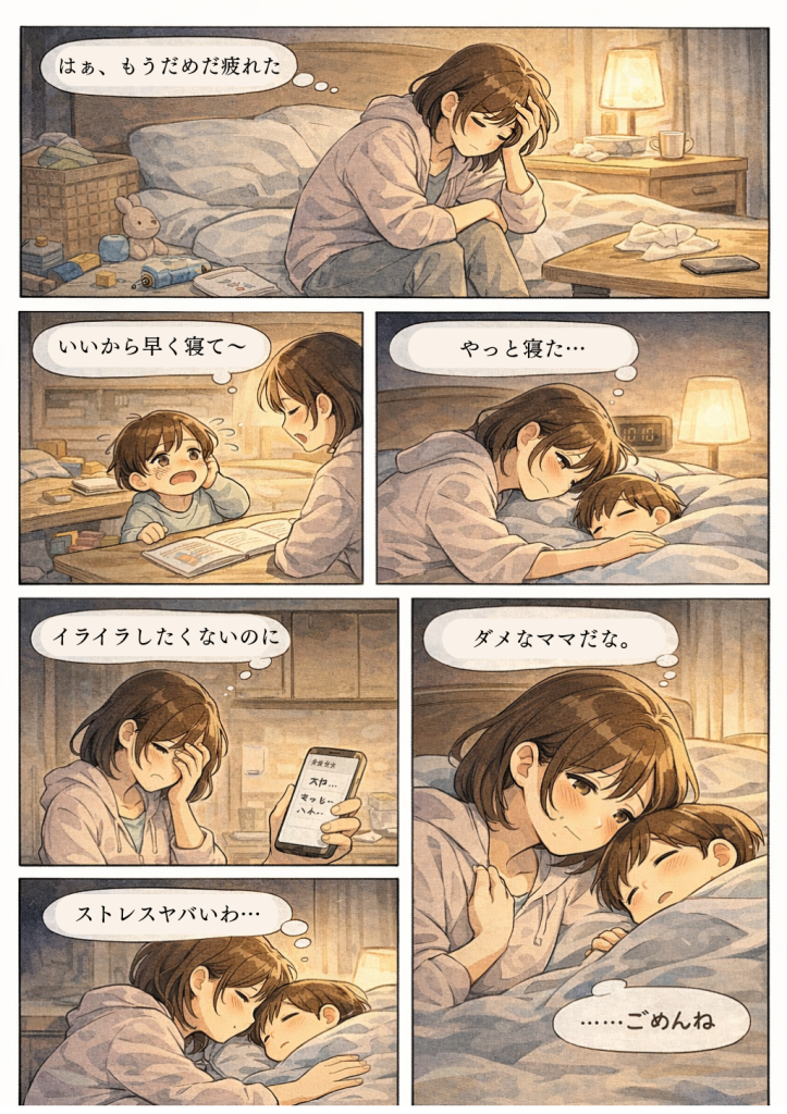 夜、子どもを怒ってしまったことを後悔する母親が、寝顔を見て涙ぐみ、最後に子どもの寝顔を見て反省する様子を描いた5コマ漫画。
