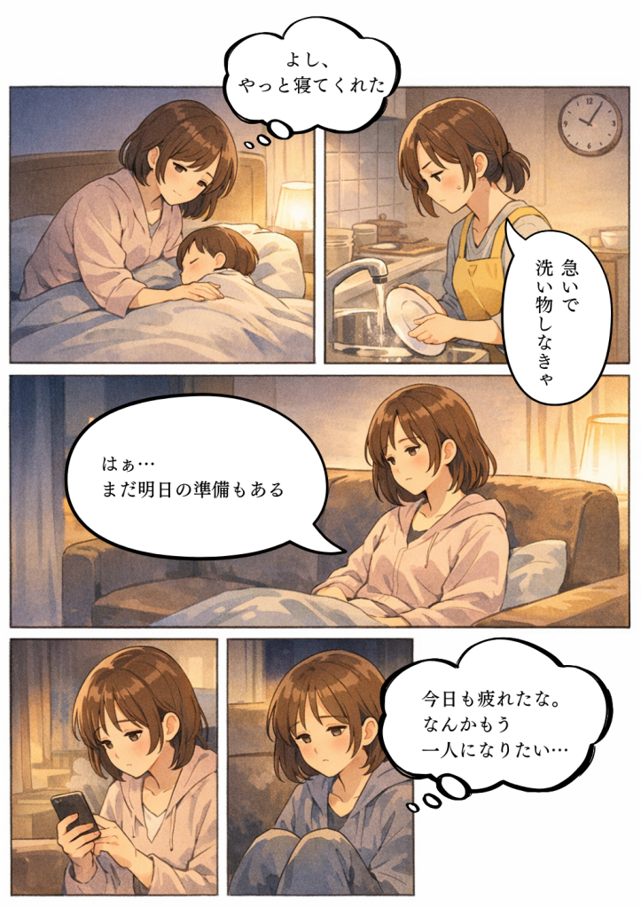 ワンオペ育児で限界になり「一人になりたい」と涙する母親の5コマ漫画